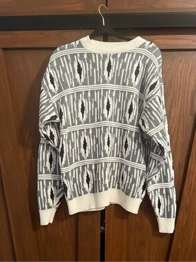 Vintage Nuovo New Forces Gray Geometric Ikat Knit Sweater L 90s Streetwear Retro